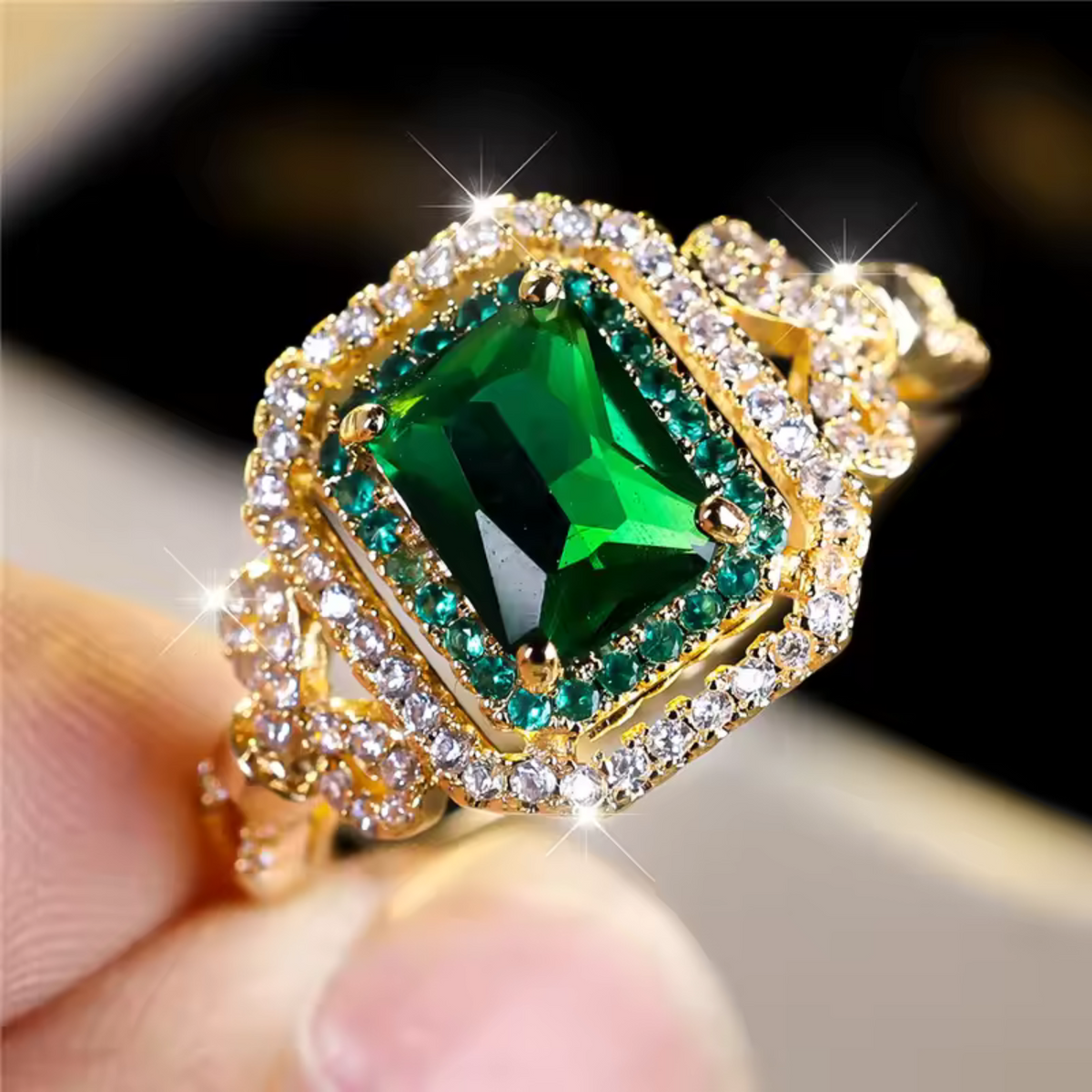 Square Emerald-Look Halo Ring in Gold Tone