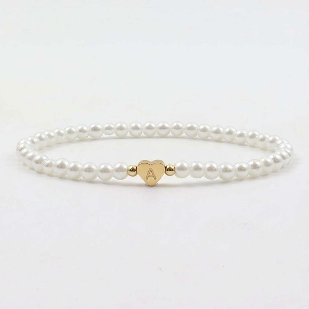 Personalised Pearl Bead Bracelet with Heart Initial Charm