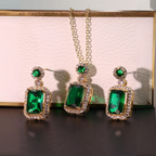Green Emerald-Cut Stone Necklace and Earrings Set