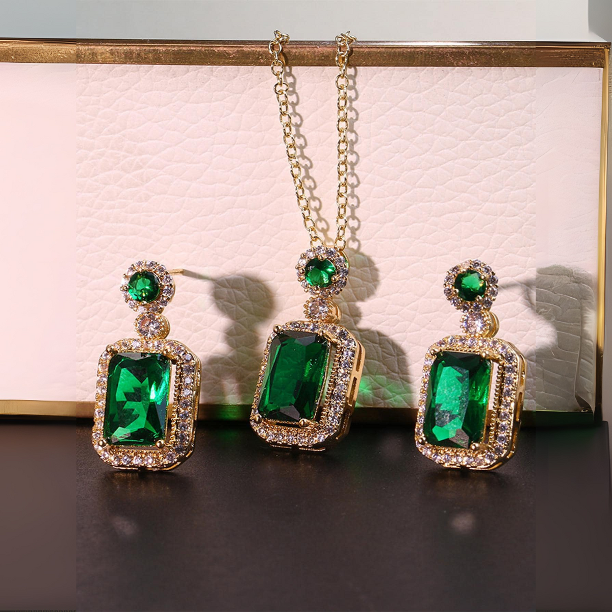 Green Emerald-Cut Stone Necklace and Earrings Set