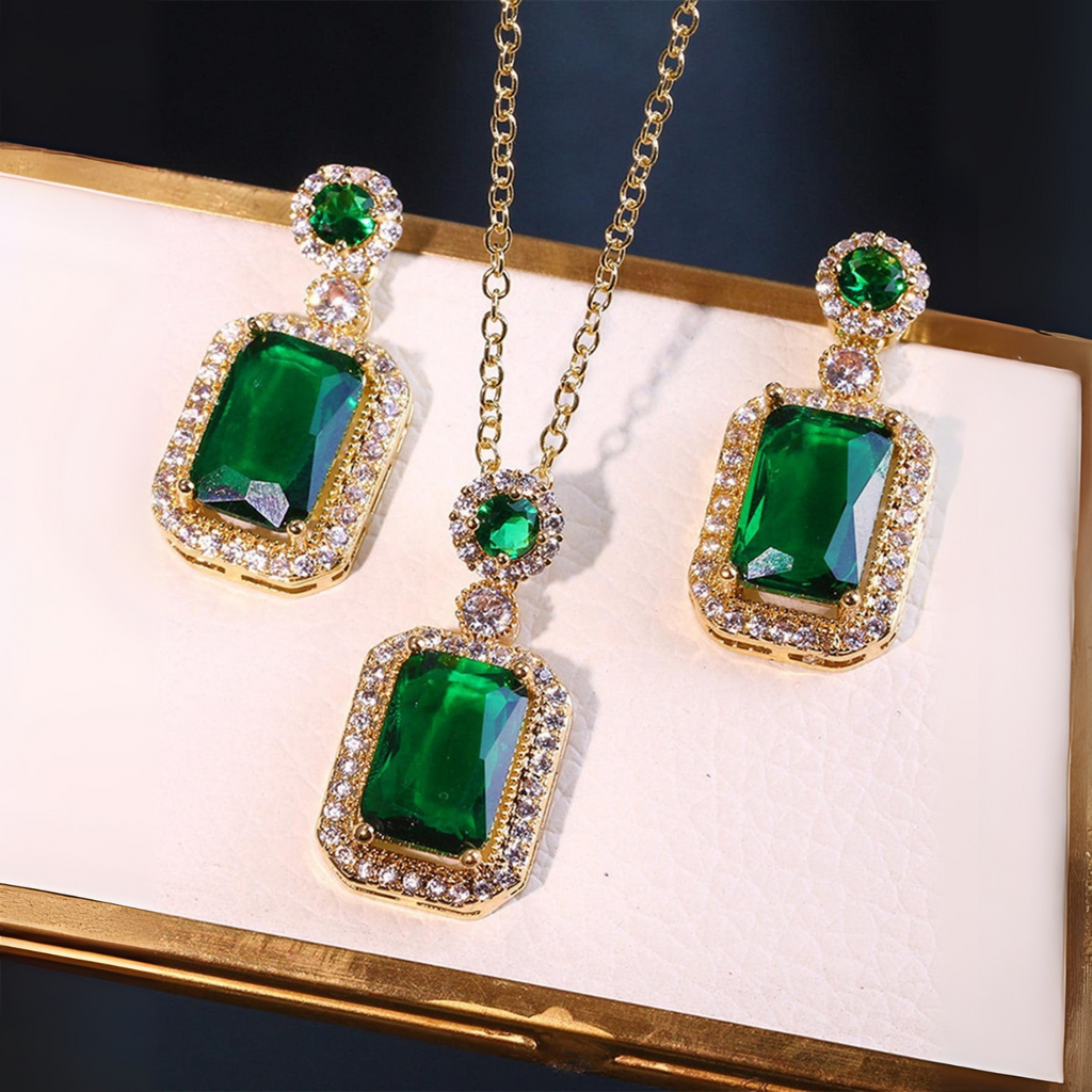 Green Emerald-Cut Stone Necklace and Earrings Set