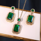 Green Emerald-Cut Stone Necklace and Earrings Set