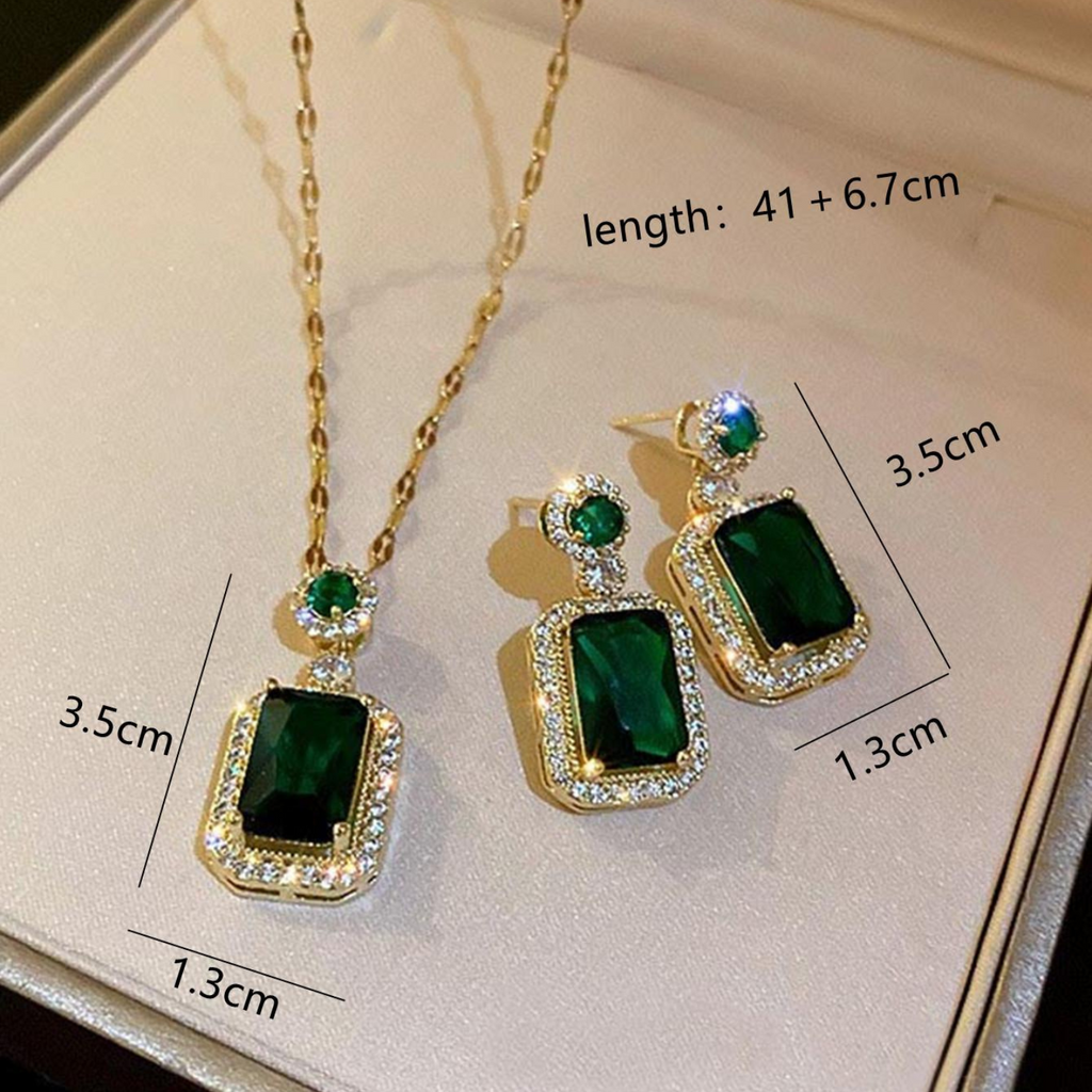 Green Emerald-Cut Stone Necklace and Earrings Set