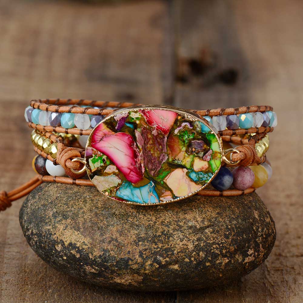 Drielaagse jaspiskralenarmband met gemengde stenen