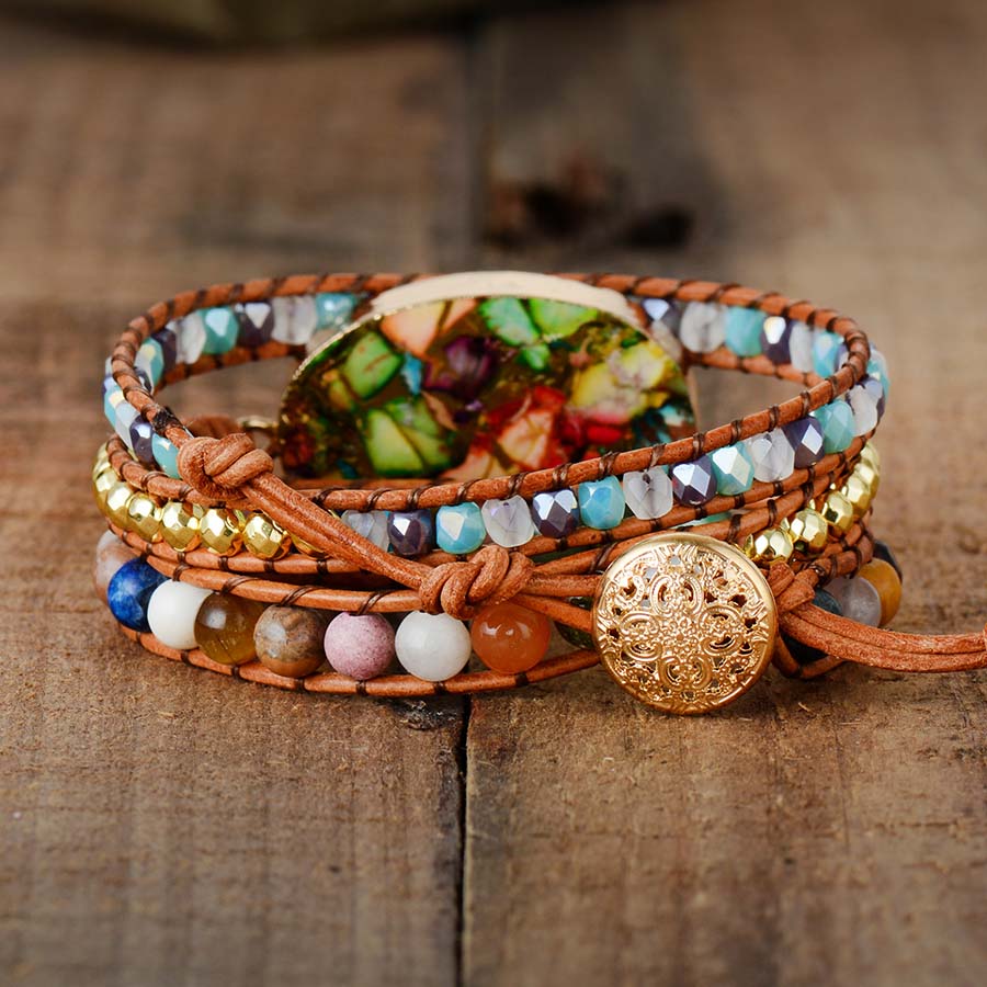 Drielaagse jaspiskralenarmband met gemengde stenen