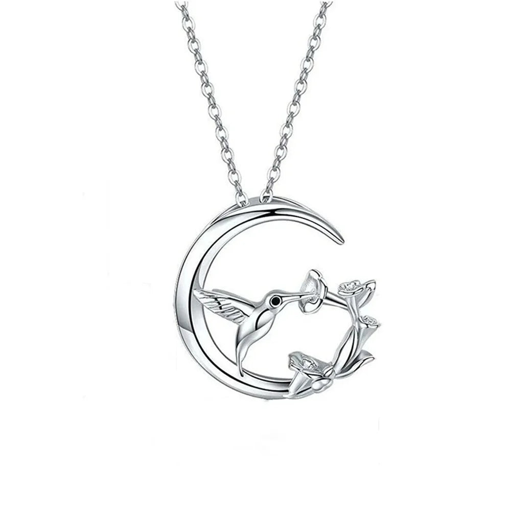 Vintage-Style Silver-Tone Moon and Bird Pendant Necklace