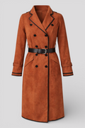 Double Breasted Suede Coat with Black Trim and Lapel Collar