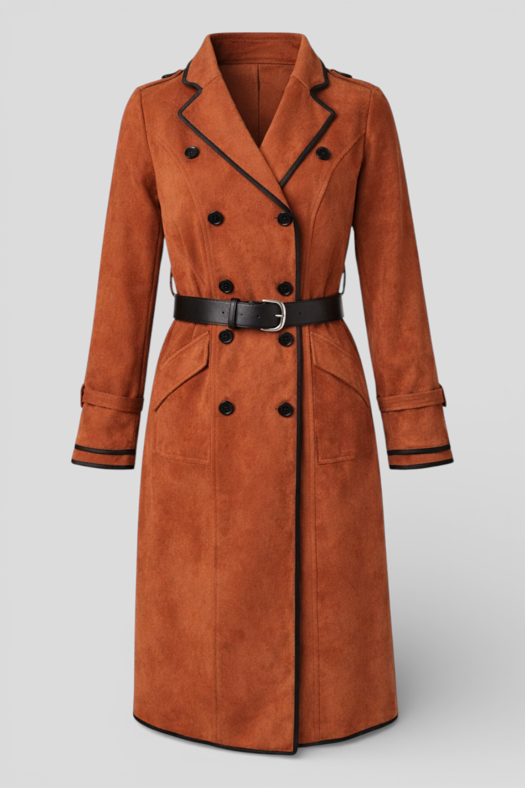 Double Breasted Suede Coat with Black Trim and Lapel Collar