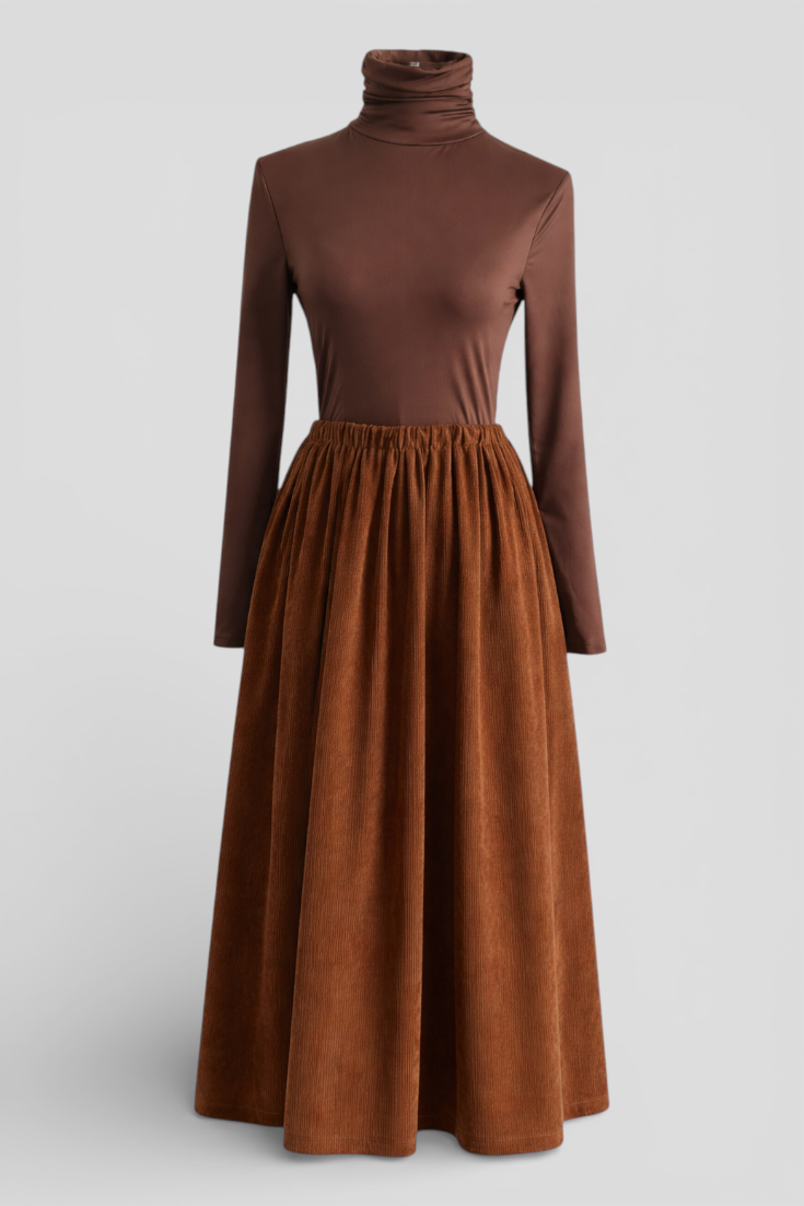 Turtleneck Top and Corduroy Skirt Two-Piece Set with Belt