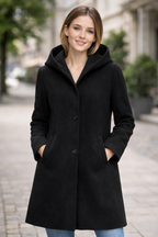 Mid Length Button Front Coat with a Relaxed Fit and Pockets