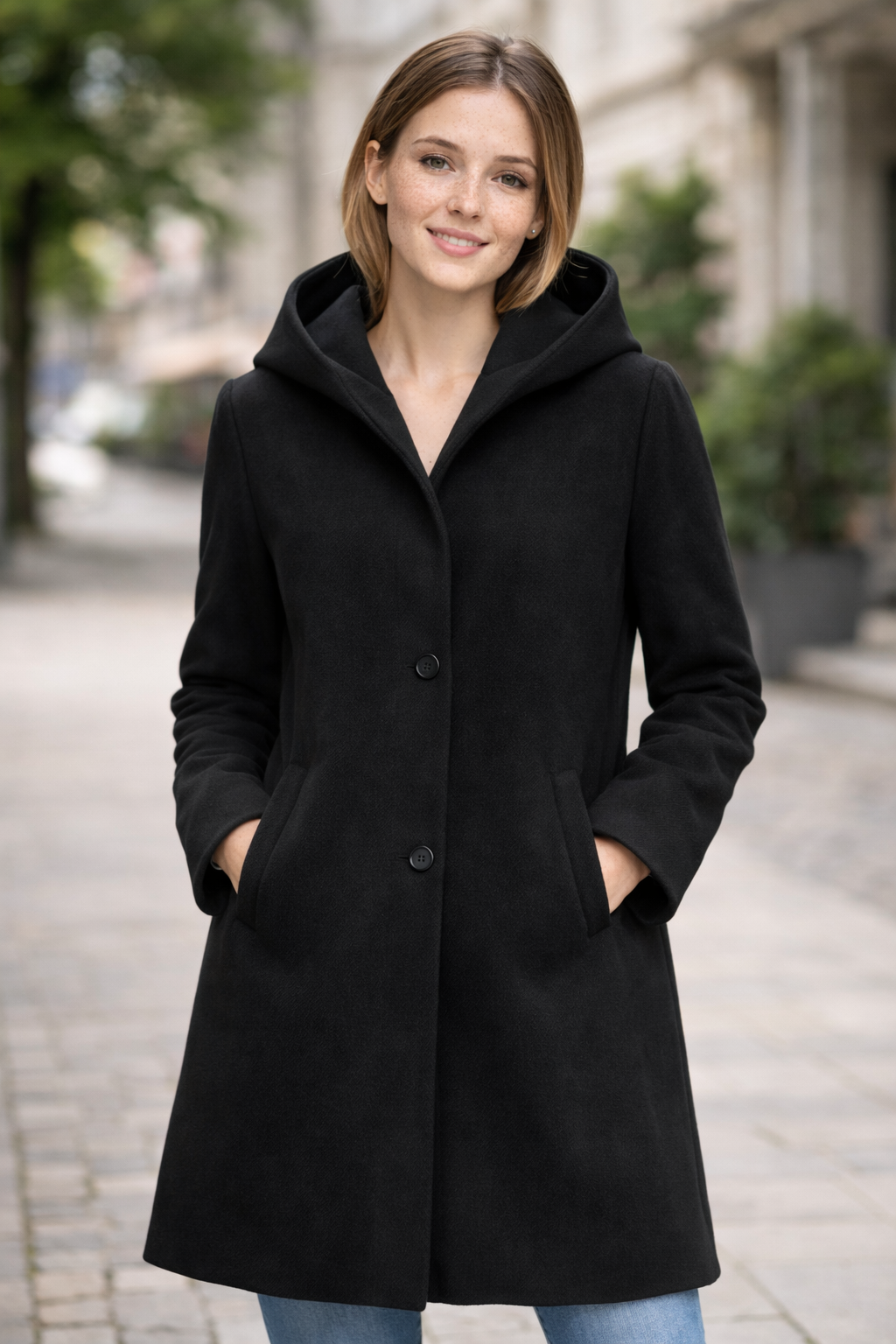 Mid Length Button Front Coat with a Relaxed Fit and Pockets