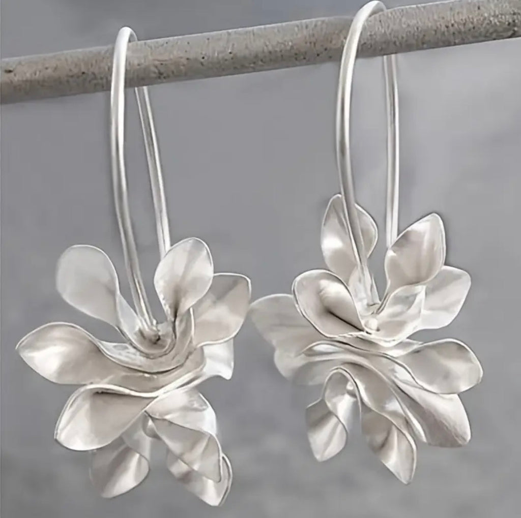 Silver-Tone Floral Hoop Drop Earrings