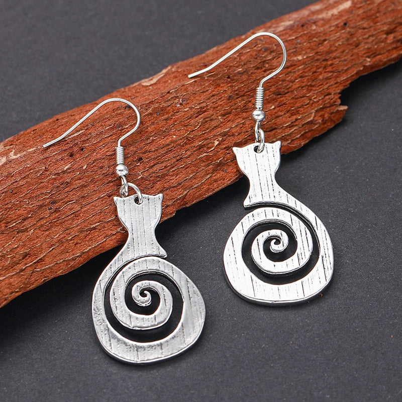 Vintage-Style Cat Silhouette Spiral Earrings