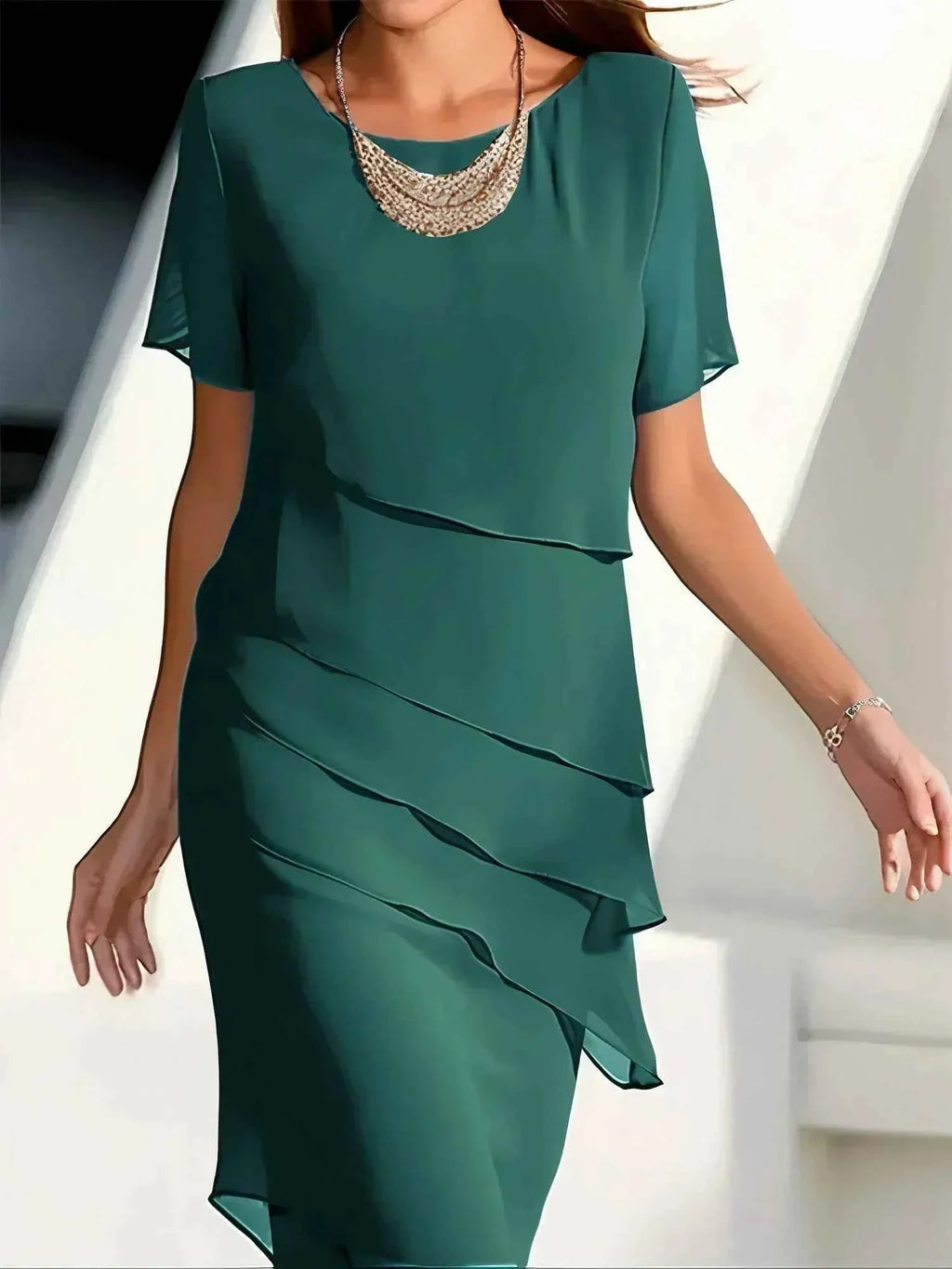 Layered Dress with a Softly Draped Waist-Skimming Shape