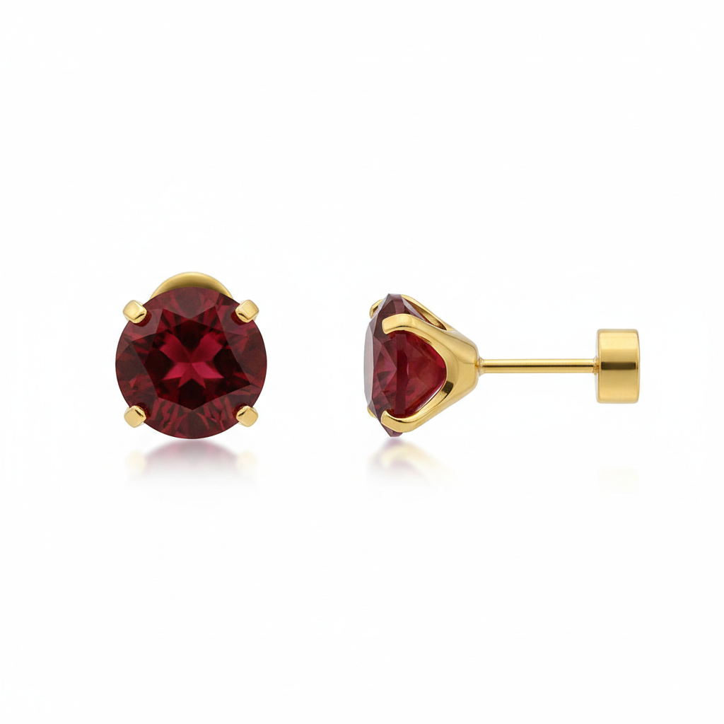 Ruby-Look Round Stud Earrings in Gold Tone