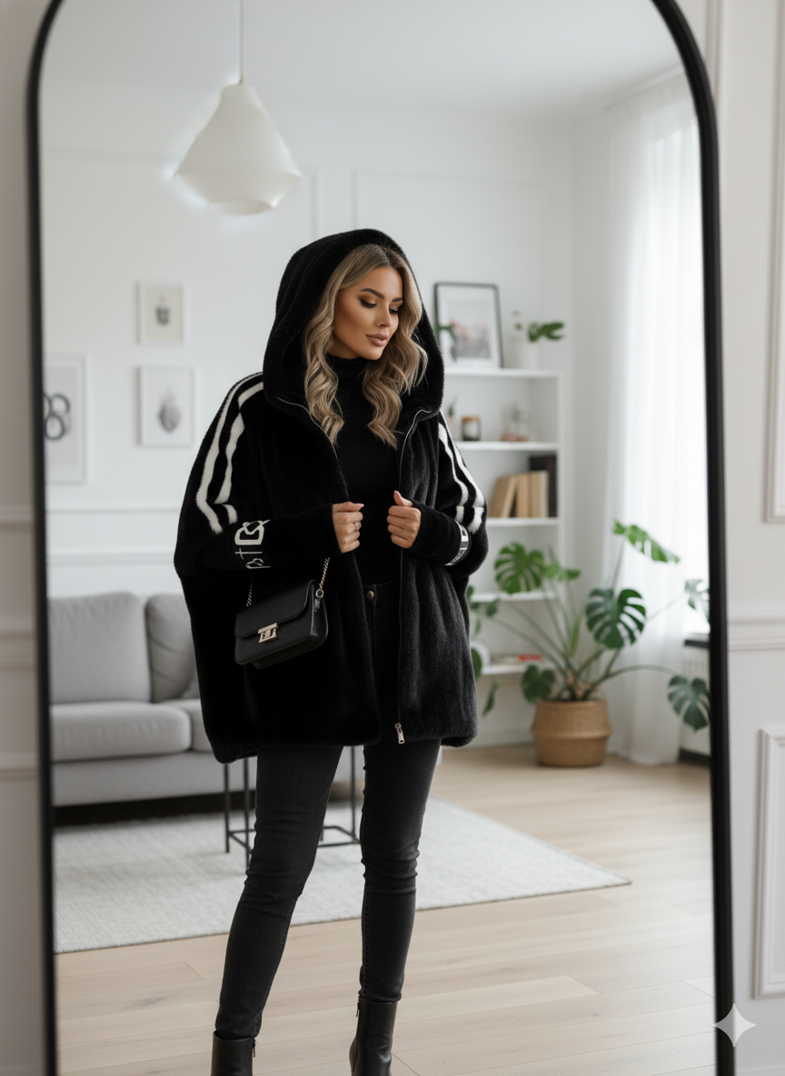 Oversized Winter Coat with Hood and Soft Fluffy Texture