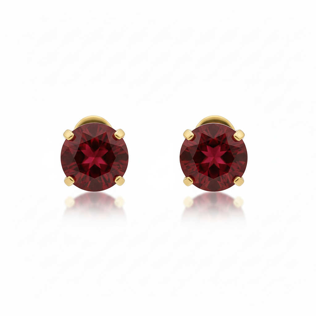 Ruby-Look Round Stud Earrings in Gold Tone