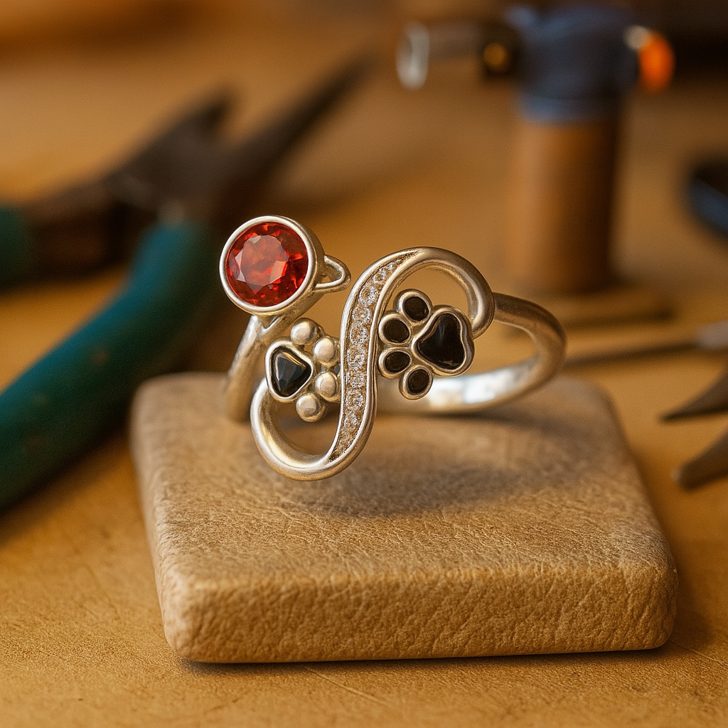 Adjustable Black Paw Print Ring with Red Stone