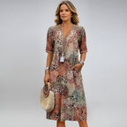 V-Neck Semi-Long Sleeve Relaxed Kaftan Maxi Dress