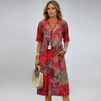 V-Neck Semi-Long Sleeve Relaxed Kaftan Maxi Dress