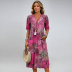 V-Neck Semi-Long Sleeve Relaxed Kaftan Maxi Dress