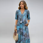 V-Neck Semi-Long Sleeve Relaxed Kaftan Maxi Dress