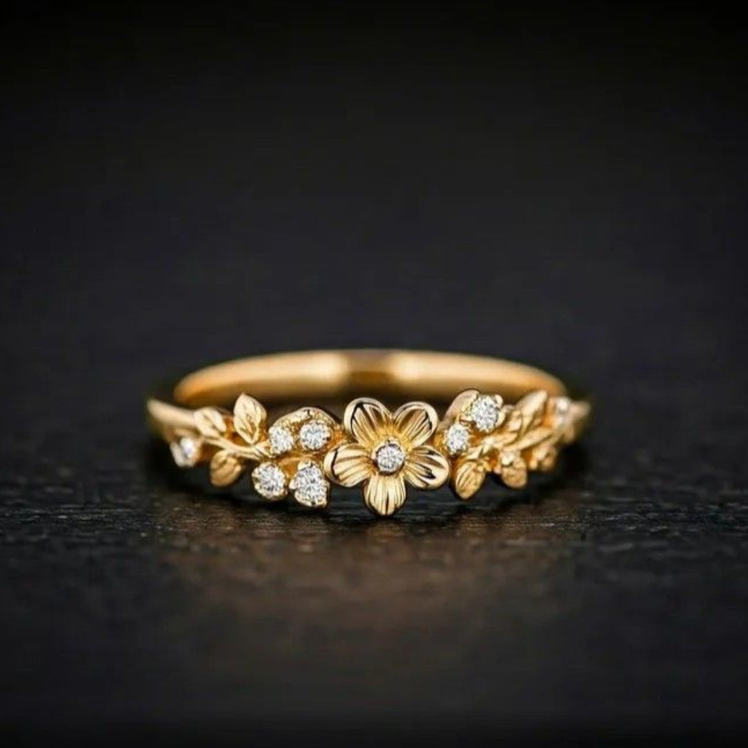 Slim Gold-Tone Blossom Band Ring with Crystals