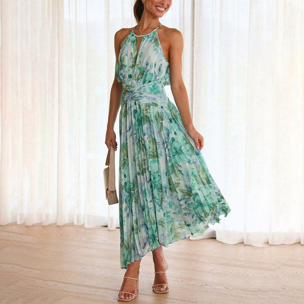 Floral Sleeveless Halter Neck Pleated Maxi Dress