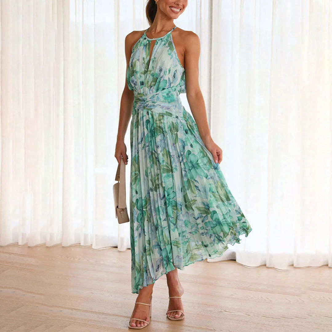 Floral Sleeveless Halter Neck Pleated Maxi Dress
