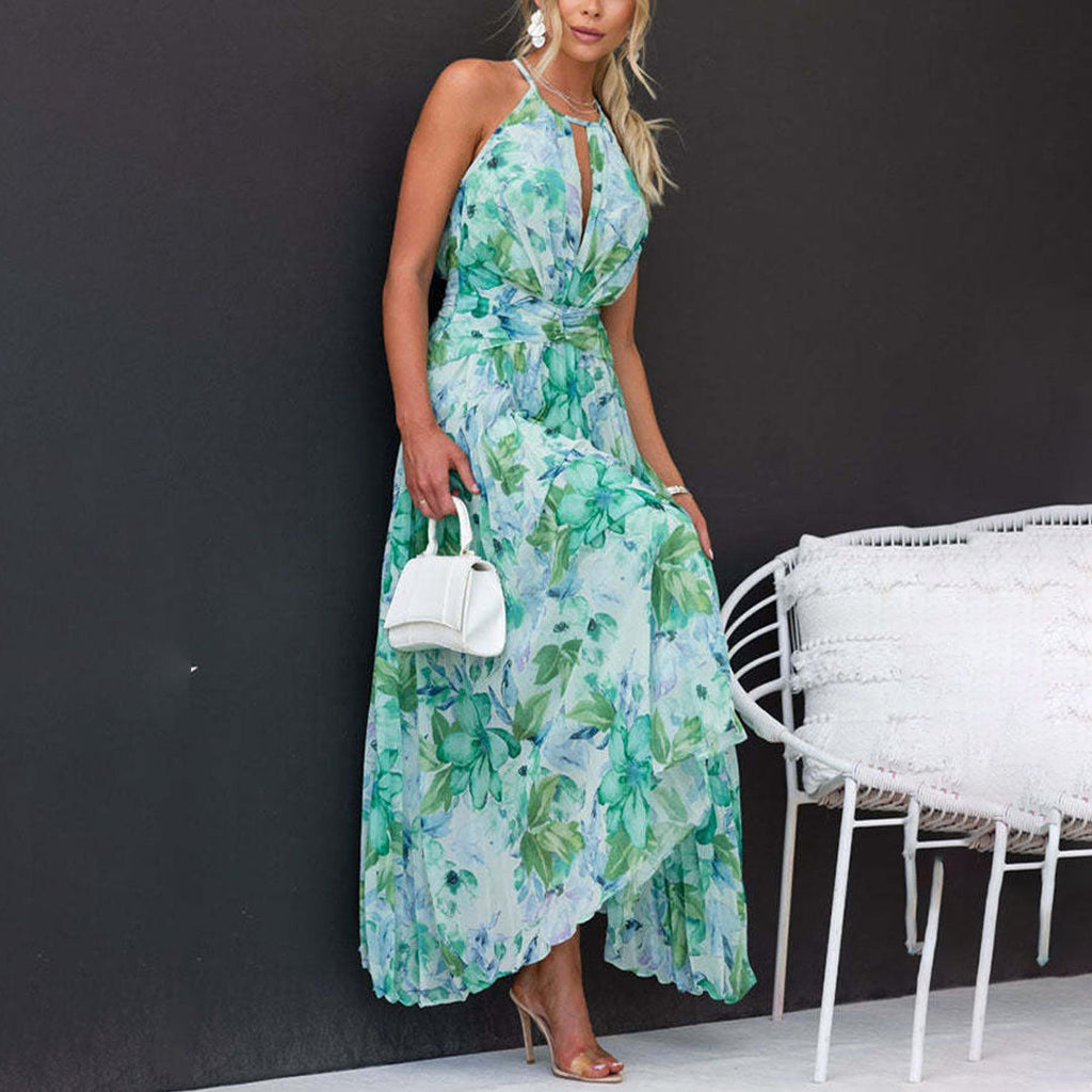 Floral Sleeveless Halter Neck Pleated Maxi Dress
