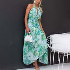 Floral Sleeveless Halter Neck Pleated Maxi Dress