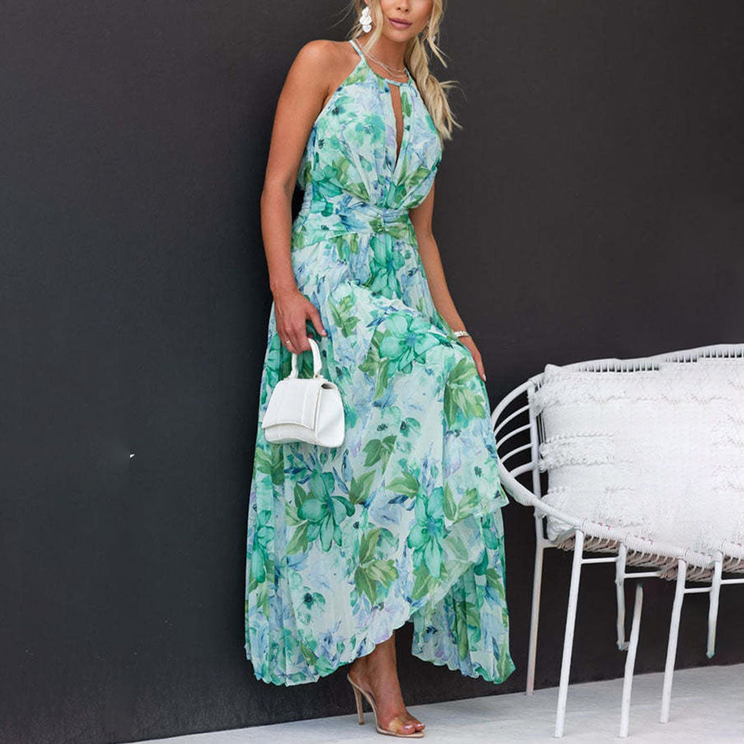 Floral Sleeveless Halter Neck Pleated Maxi Dress