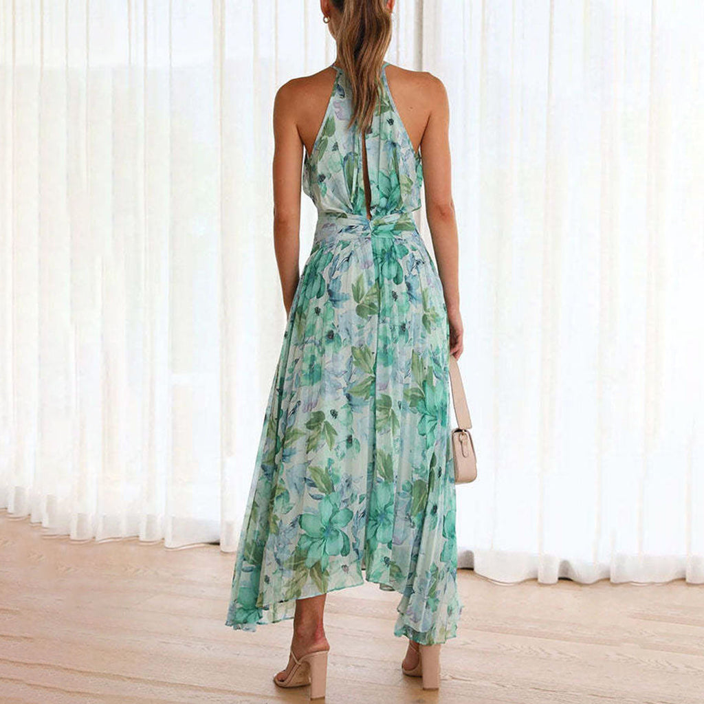 Floral Sleeveless Halter Neck Pleated Maxi Dress