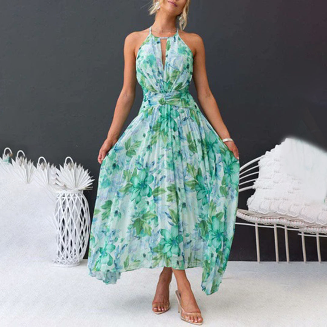 Floral Sleeveless Halter Neck Pleated Maxi Dress