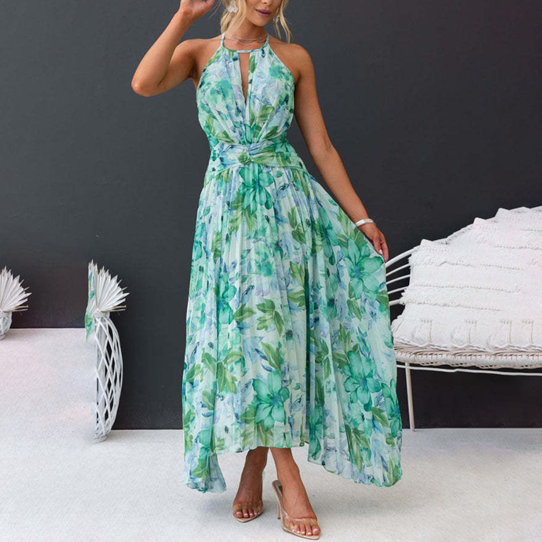 Floral Sleeveless Halter Neck Pleated Maxi Dress