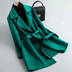 A-Line Brushed Coat with Contrast Piping and Waist Belt