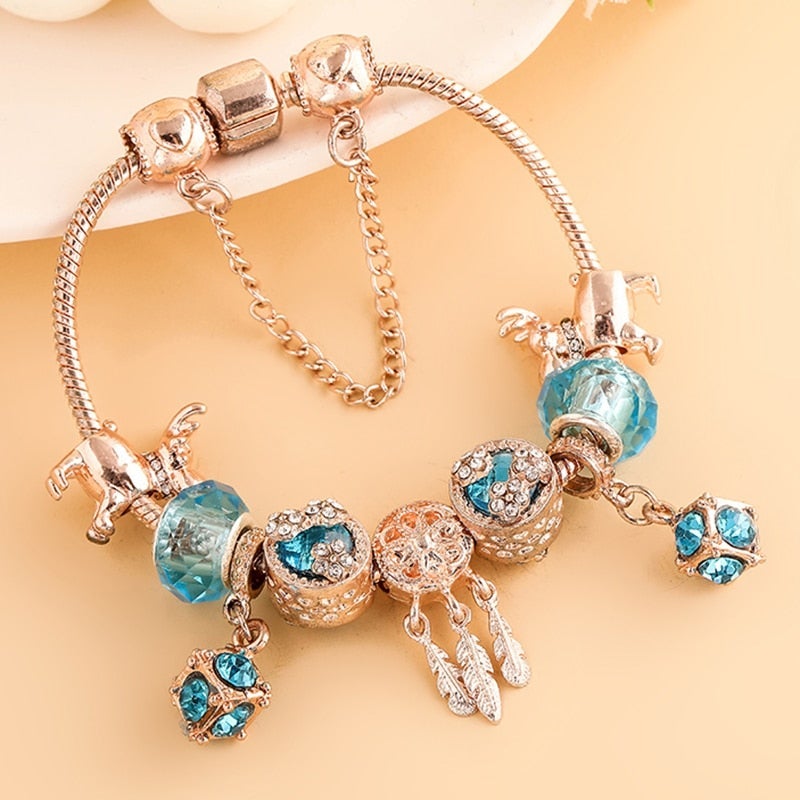 Rose Silver-Tone Bracelet with Blue Zirconia Stones