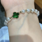 Emerald-Look Cloverleaf and Pearl Bracelet