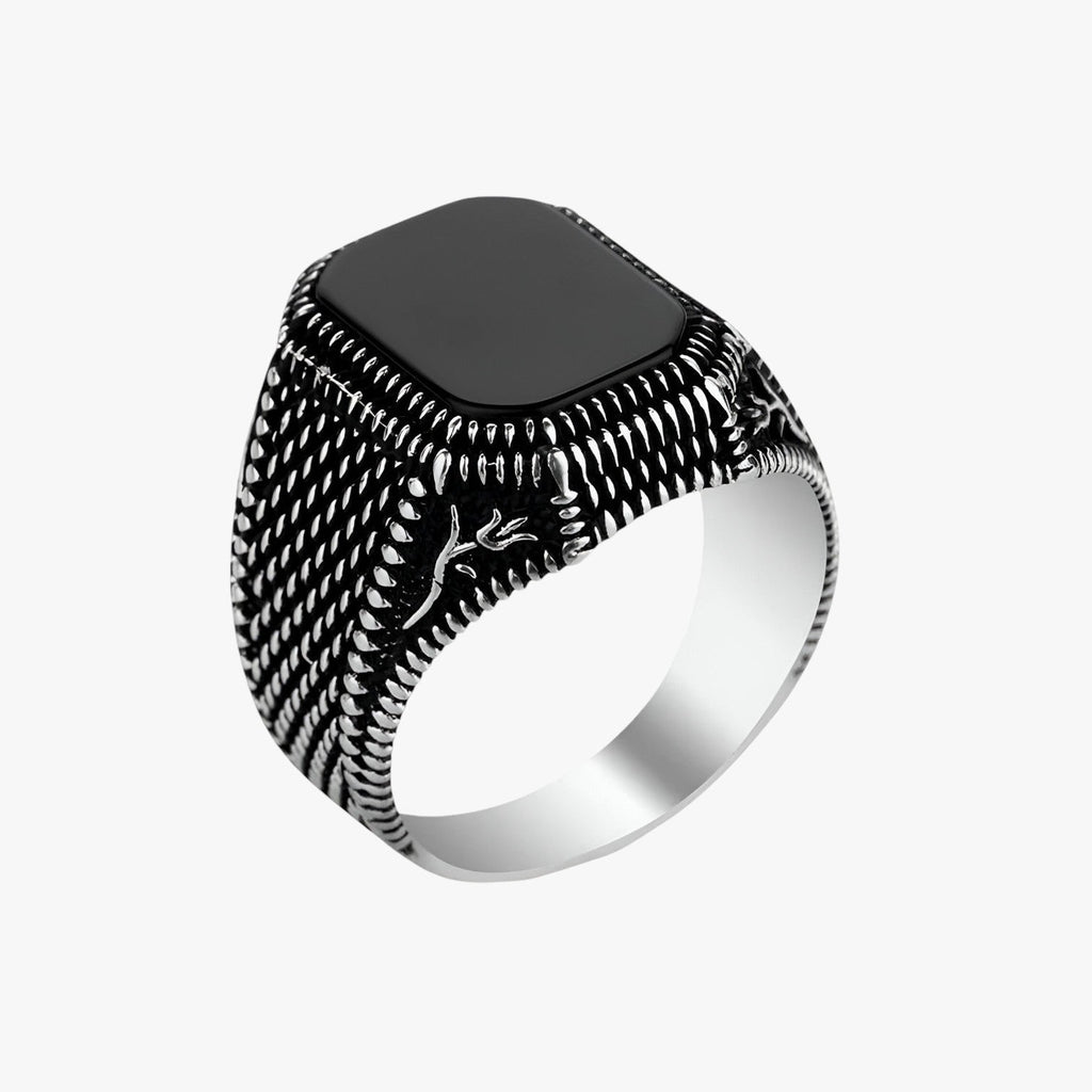 Black Zirconia Ring with Floral Engraved Band