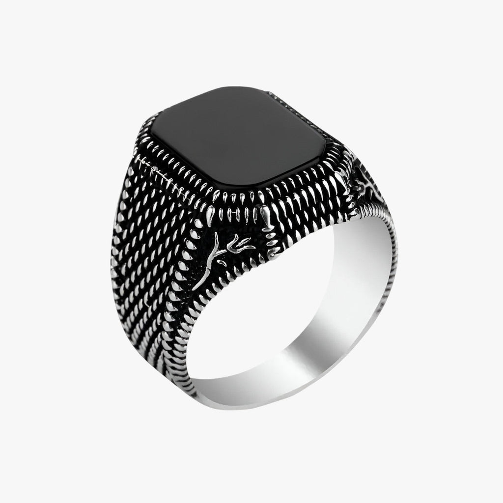 Black Zirconia Ring with Floral Engraved Band