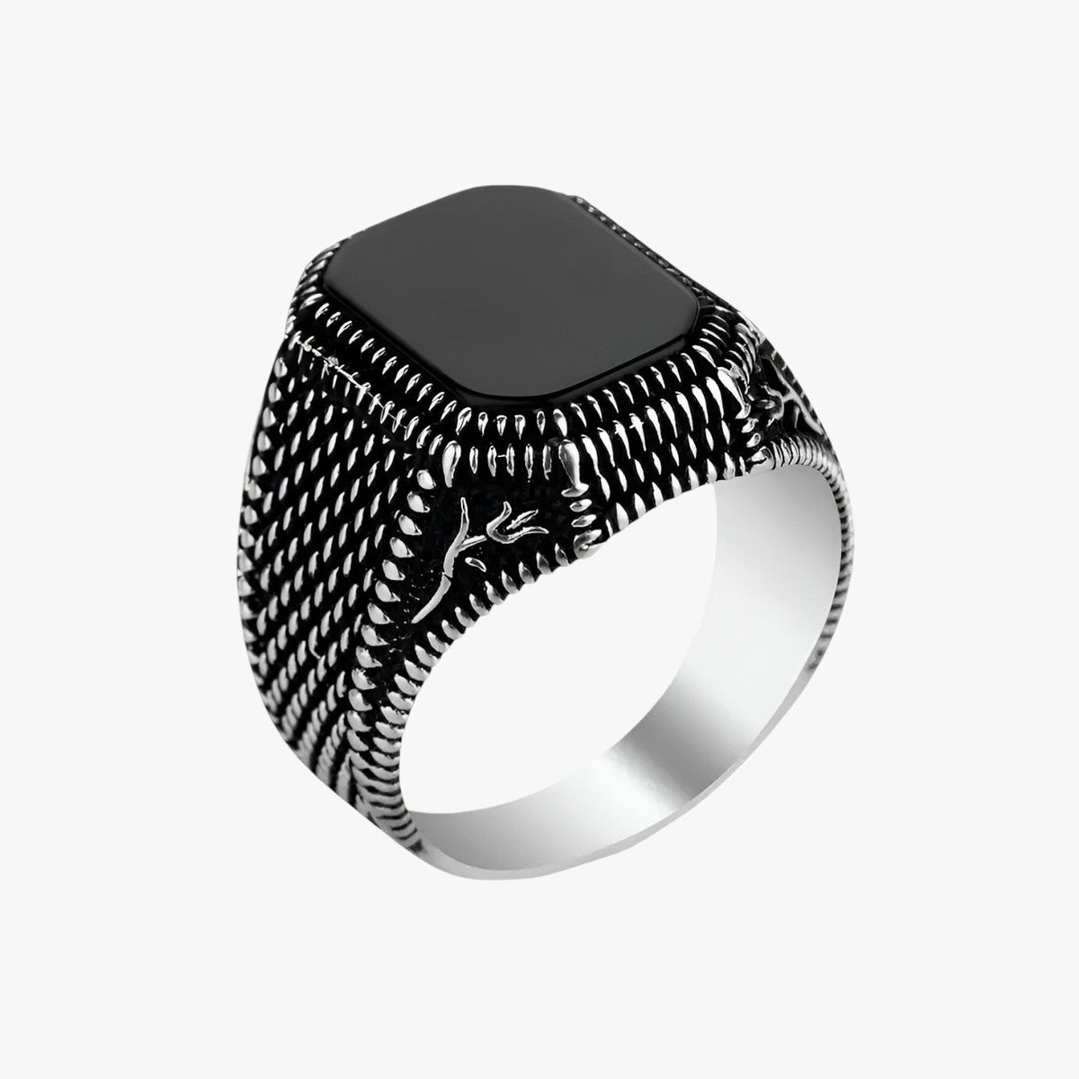 Black Zirconia Ring with Floral Engraved Band
