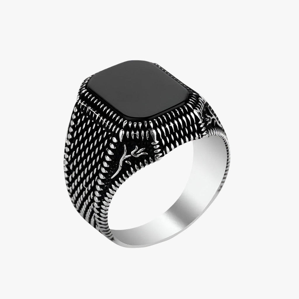 Black Zirconia Ring with Floral Engraved Band