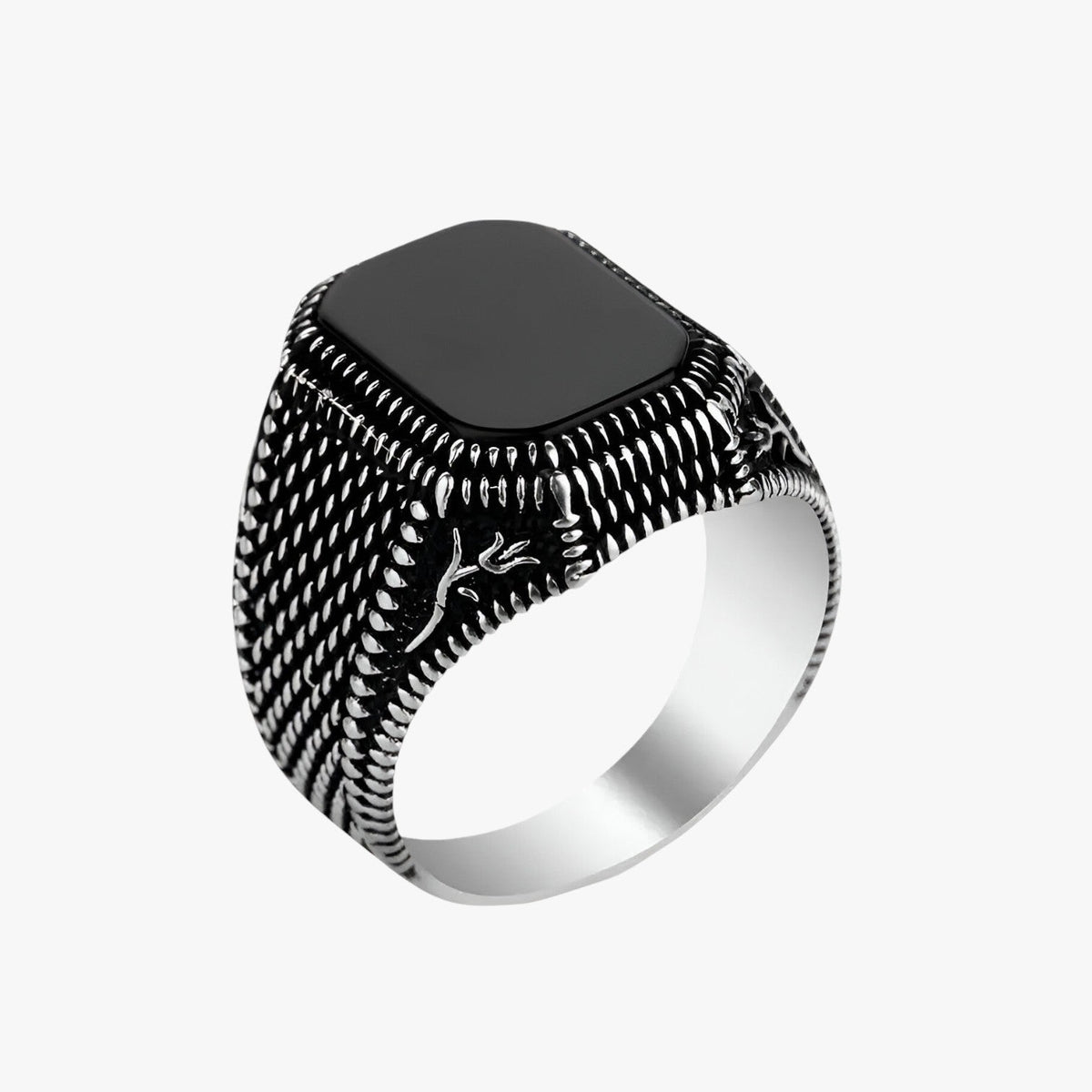 Black Zirconia Ring with Floral Engraved Band