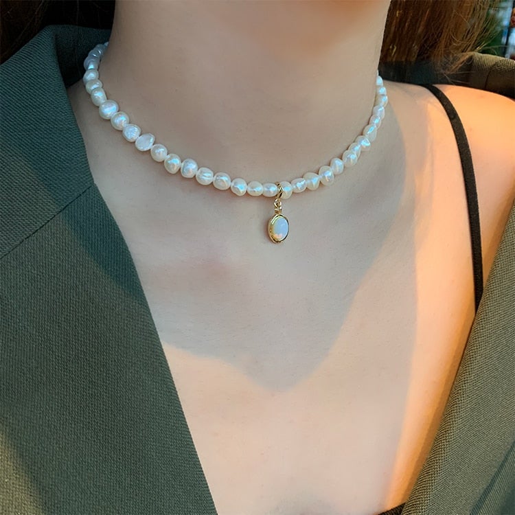 Pearl and Gold-Tone Chain Necklace with Moonstone Drop
