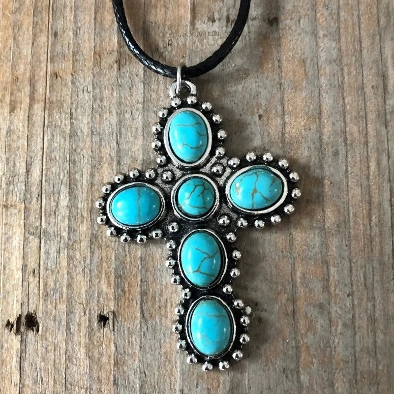 Bohemian Retro Turquoise Cross Pendant Necklace