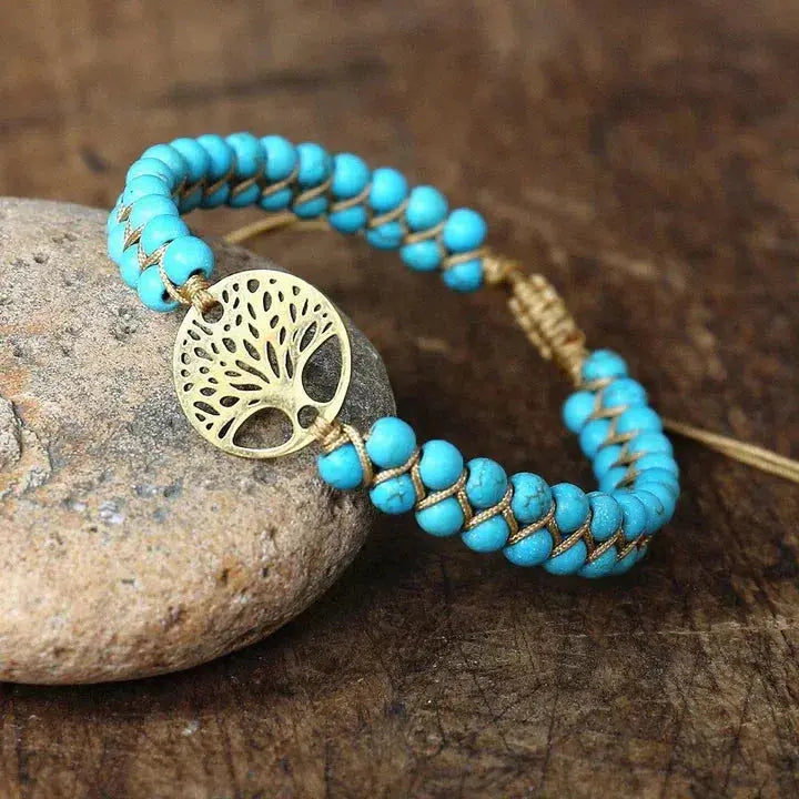 Turquoise-Look Bead Bracelet with Tree Charm