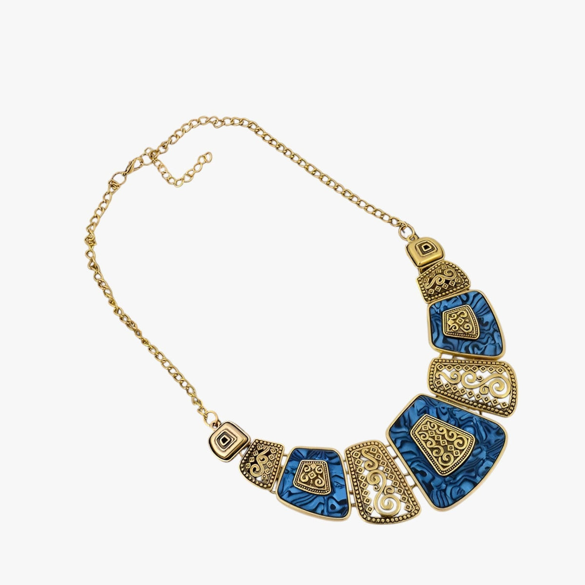Goudkleurige statement choker met blauw detail