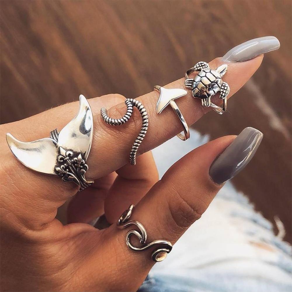 Ocean-Themed Ring Pack of 5 in Antique Silver Tone