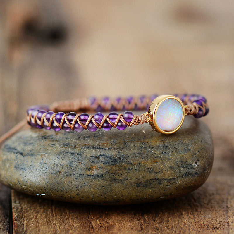 Amethyst Braided Bracelet with Round Moonstone-Look Stone