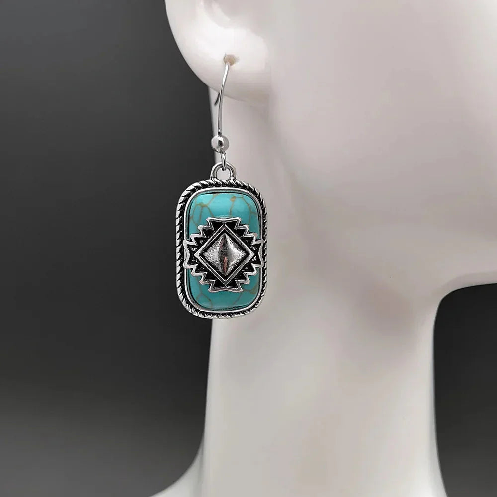 Bohemian Vintage Aztec Geometric Turquoise Drop Earrings